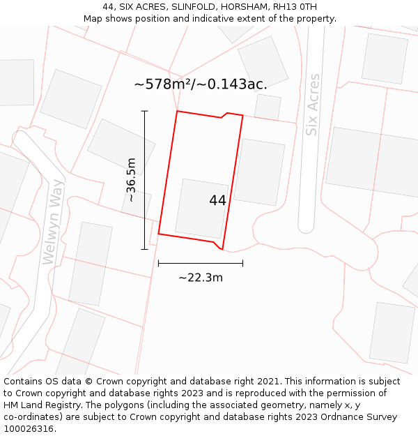 44, SIX ACRES, SLINFOLD, HORSHAM, RH13 0TH: Plot and title map