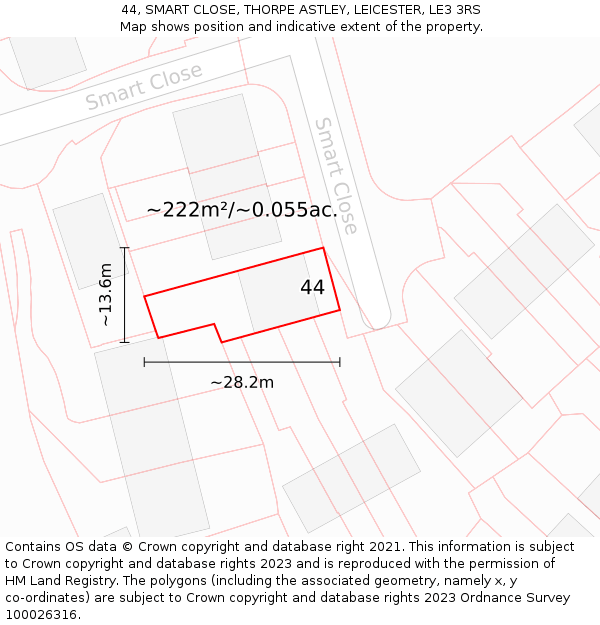 44, SMART CLOSE, THORPE ASTLEY, LEICESTER, LE3 3RS: Plot and title map
