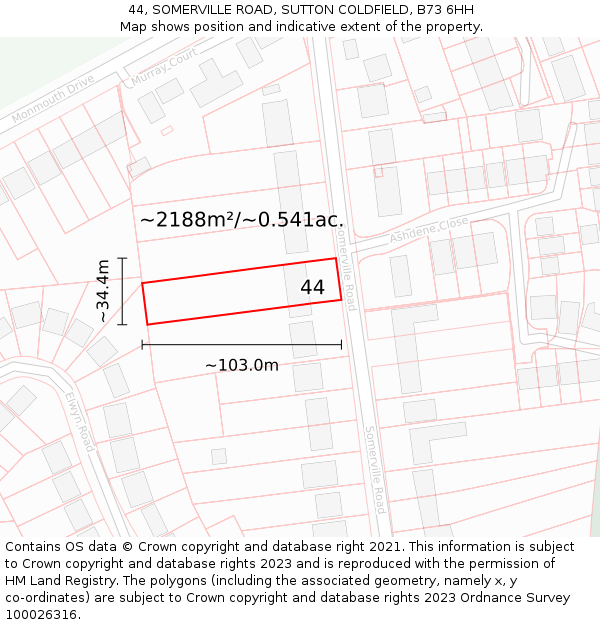 44, SOMERVILLE ROAD, SUTTON COLDFIELD, B73 6HH: Plot and title map