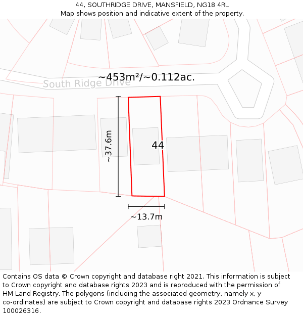 44, SOUTHRIDGE DRIVE, MANSFIELD, NG18 4RL: Plot and title map
