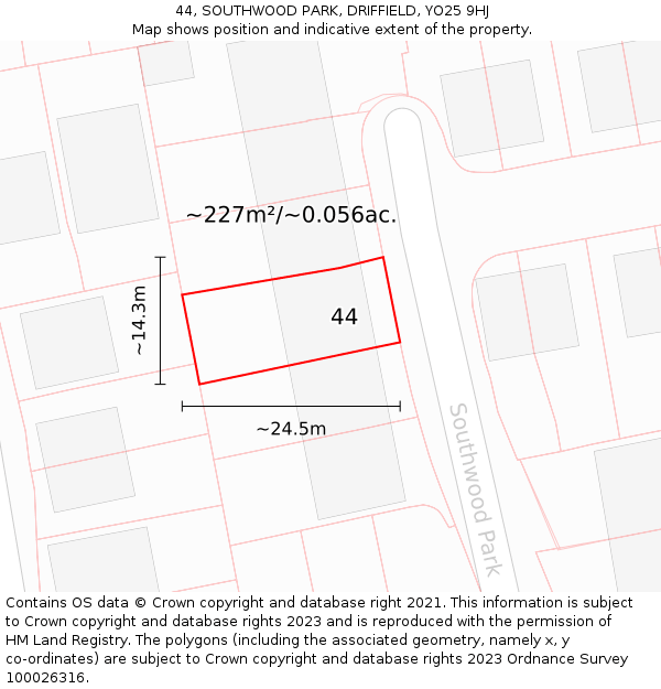 44, SOUTHWOOD PARK, DRIFFIELD, YO25 9HJ: Plot and title map
