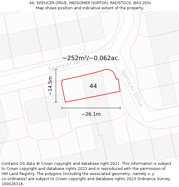 44, SPENCER DRIVE, MIDSOMER NORTON, RADSTOCK, BA3 2DN: Plot and title map