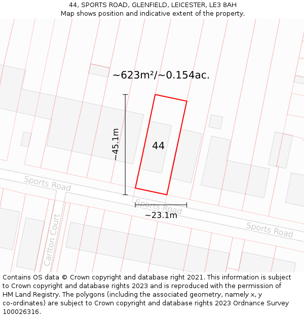 44, SPORTS ROAD, GLENFIELD, LEICESTER, LE3 8AH: Plot and title map