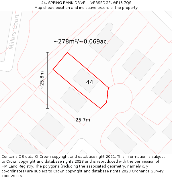 44, SPRING BANK DRIVE, LIVERSEDGE, WF15 7QS: Plot and title map