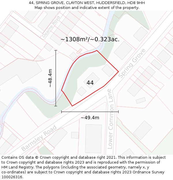 44, SPRING GROVE, CLAYTON WEST, HUDDERSFIELD, HD8 9HH: Plot and title map