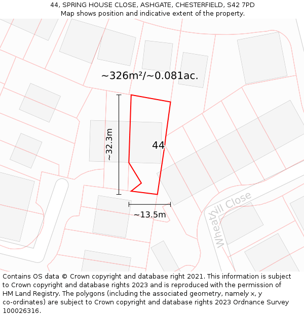 44, SPRING HOUSE CLOSE, ASHGATE, CHESTERFIELD, S42 7PD: Plot and title map