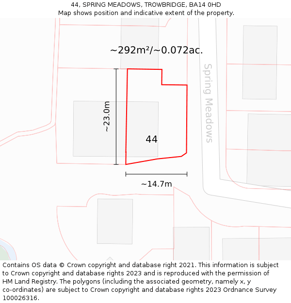 44, SPRING MEADOWS, TROWBRIDGE, BA14 0HD: Plot and title map