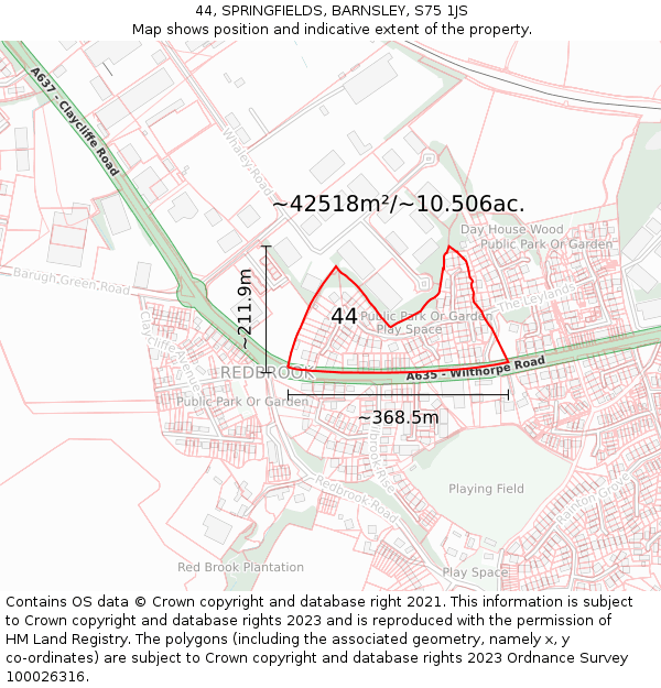 44, SPRINGFIELDS, BARNSLEY, S75 1JS: Plot and title map