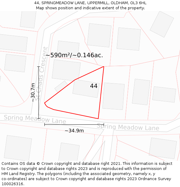 44, SPRINGMEADOW LANE, UPPERMILL, OLDHAM, OL3 6HL: Plot and title map