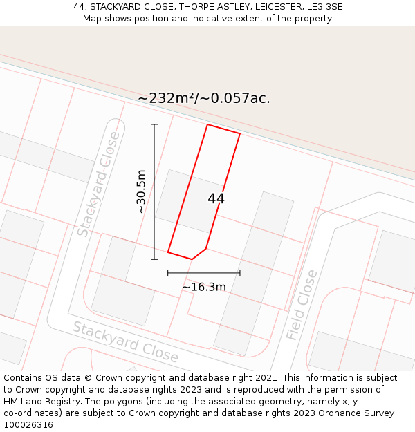 44, STACKYARD CLOSE, THORPE ASTLEY, LEICESTER, LE3 3SE: Plot and title map