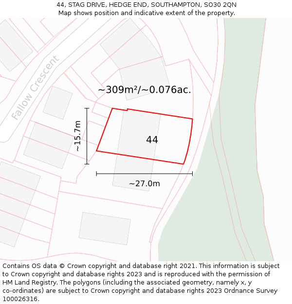 44, STAG DRIVE, HEDGE END, SOUTHAMPTON, SO30 2QN: Plot and title map