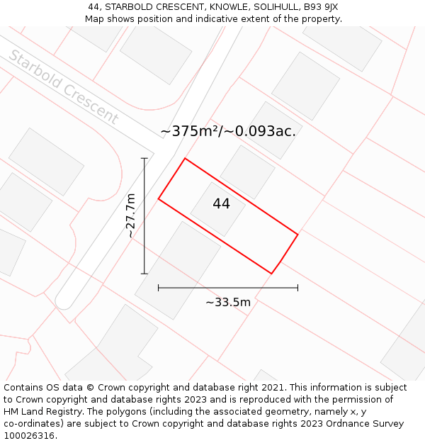 44, STARBOLD CRESCENT, KNOWLE, SOLIHULL, B93 9JX: Plot and title map