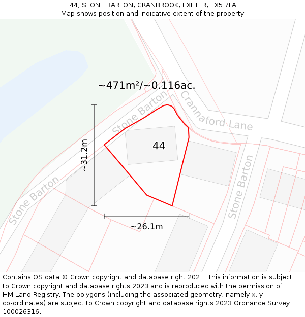44, STONE BARTON, CRANBROOK, EXETER, EX5 7FA: Plot and title map