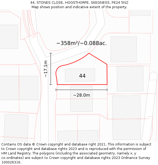 44, STONES CLOSE, HOGSTHORPE, SKEGNESS, PE24 5NZ: Plot and title map