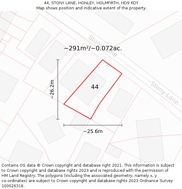 44, STONY LANE, HONLEY, HOLMFIRTH, HD9 6DY: Plot and title map