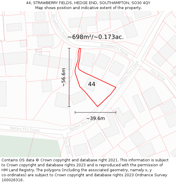 44, STRAWBERRY FIELDS, HEDGE END, SOUTHAMPTON, SO30 4QY: Plot and title map