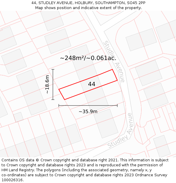 44, STUDLEY AVENUE, HOLBURY, SOUTHAMPTON, SO45 2PP: Plot and title map
