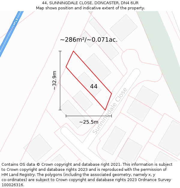 44, SUNNINGDALE CLOSE, DONCASTER, DN4 6UR: Plot and title map