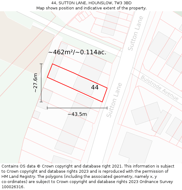 44, SUTTON LANE, HOUNSLOW, TW3 3BD: Plot and title map
