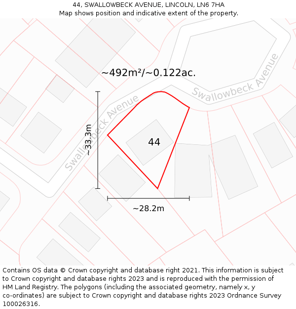 44, SWALLOWBECK AVENUE, LINCOLN, LN6 7HA: Plot and title map