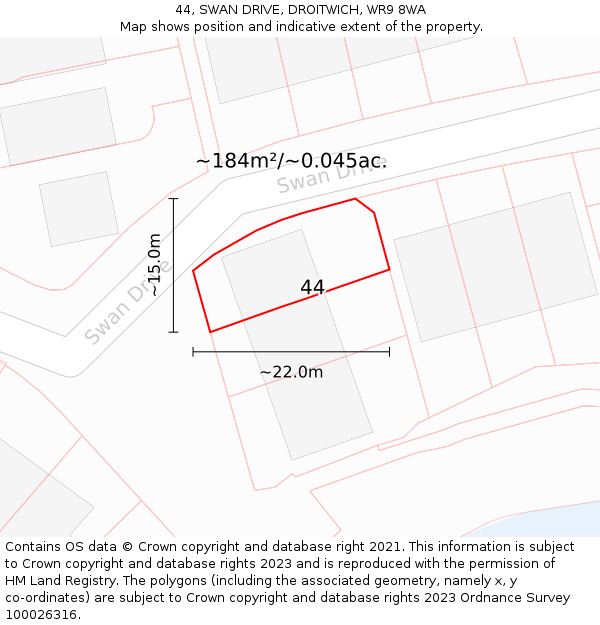 44, SWAN DRIVE, DROITWICH, WR9 8WA: Plot and title map