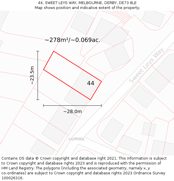 44, SWEET LEYS WAY, MELBOURNE, DERBY, DE73 8LE: Plot and title map