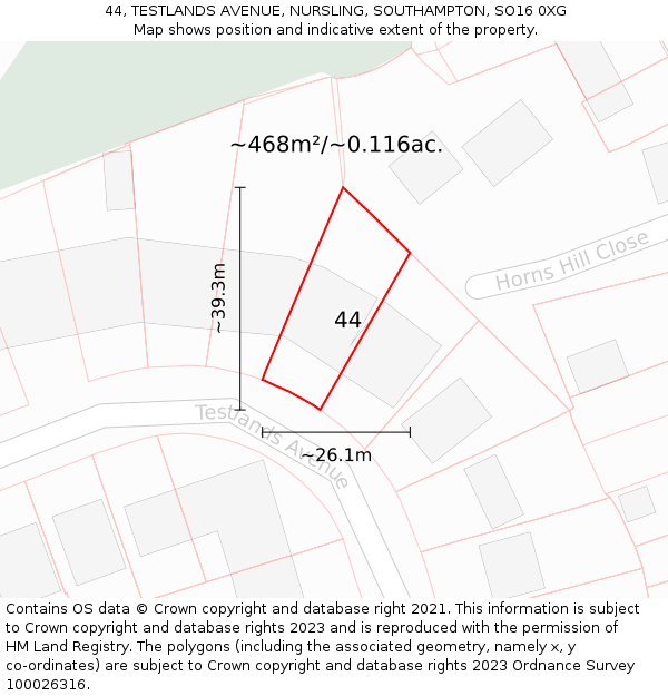 44, TESTLANDS AVENUE, NURSLING, SOUTHAMPTON, SO16 0XG: Plot and title map