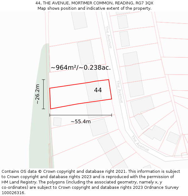 44, THE AVENUE, MORTIMER COMMON, READING, RG7 3QX: Plot and title map