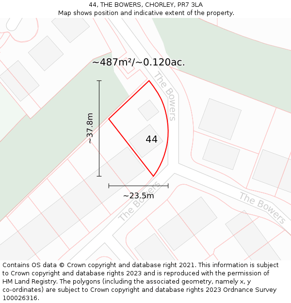 44, THE BOWERS, CHORLEY, PR7 3LA: Plot and title map