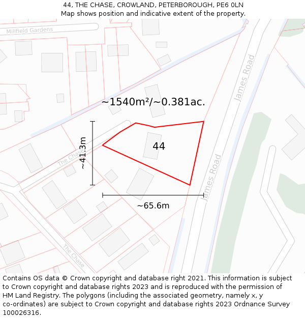 44, THE CHASE, CROWLAND, PETERBOROUGH, PE6 0LN: Plot and title map