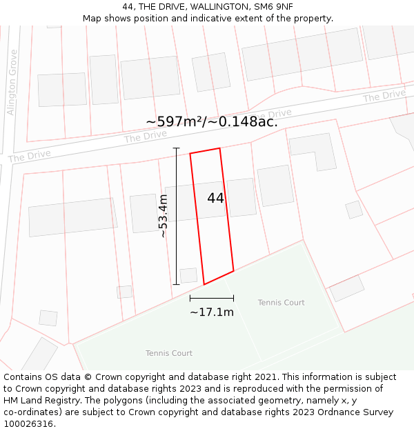 44, THE DRIVE, WALLINGTON, SM6 9NF: Plot and title map