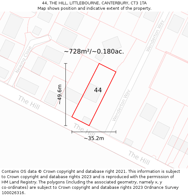 44, THE HILL, LITTLEBOURNE, CANTERBURY, CT3 1TA: Plot and title map