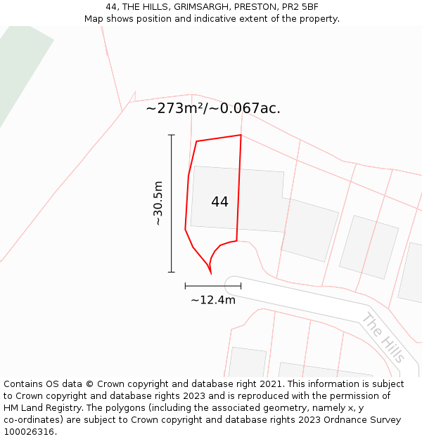 44, THE HILLS, GRIMSARGH, PRESTON, PR2 5BF: Plot and title map