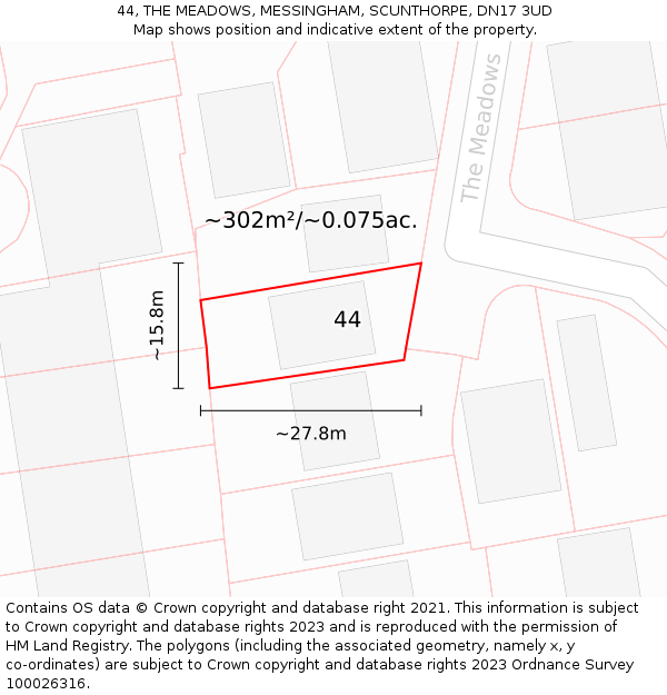 44, THE MEADOWS, MESSINGHAM, SCUNTHORPE, DN17 3UD: Plot and title map