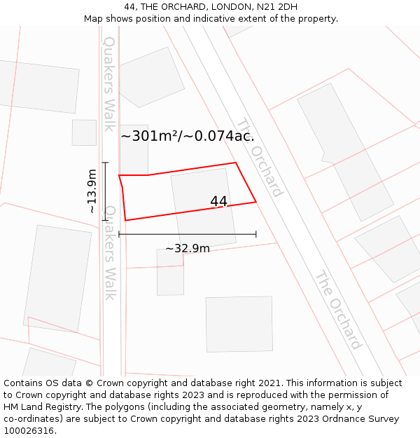 44, THE ORCHARD, LONDON, N21 2DH: Plot and title map