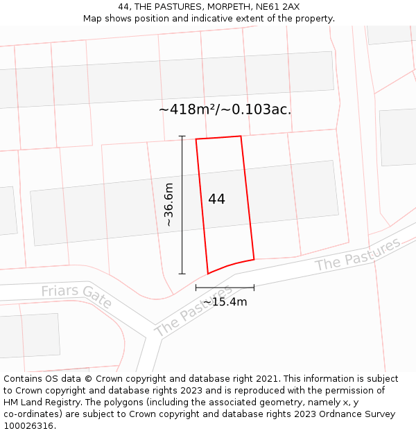 44, THE PASTURES, MORPETH, NE61 2AX: Plot and title map