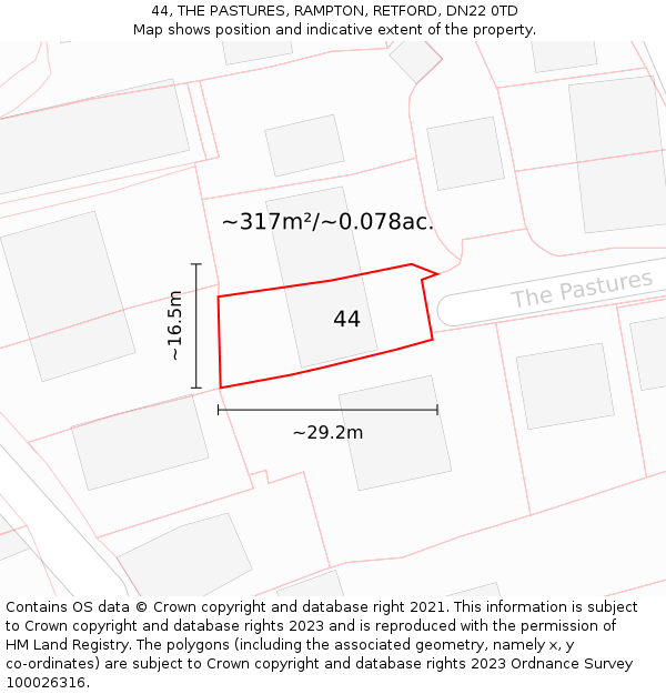 44, THE PASTURES, RAMPTON, RETFORD, DN22 0TD: Plot and title map