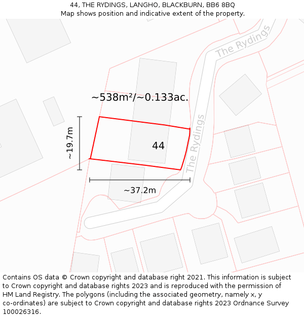 44, THE RYDINGS, LANGHO, BLACKBURN, BB6 8BQ: Plot and title map
