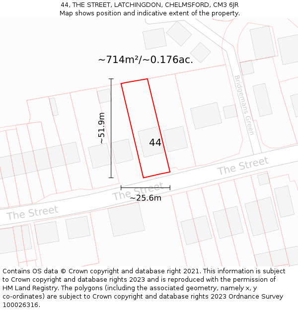 44, THE STREET, LATCHINGDON, CHELMSFORD, CM3 6JR: Plot and title map
