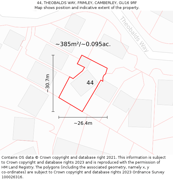 44, THEOBALDS WAY, FRIMLEY, CAMBERLEY, GU16 9RF: Plot and title map