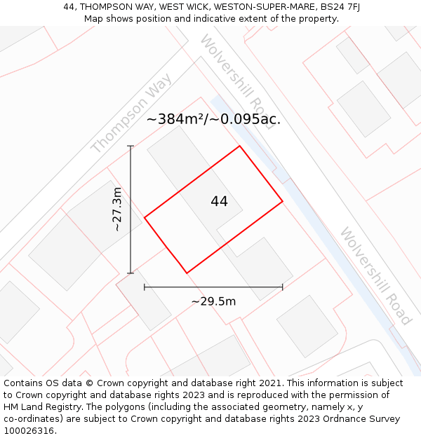 44, THOMPSON WAY, WEST WICK, WESTON-SUPER-MARE, BS24 7FJ: Plot and title map