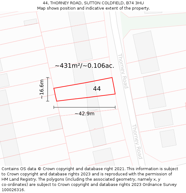 44, THORNEY ROAD, SUTTON COLDFIELD, B74 3HU: Plot and title map