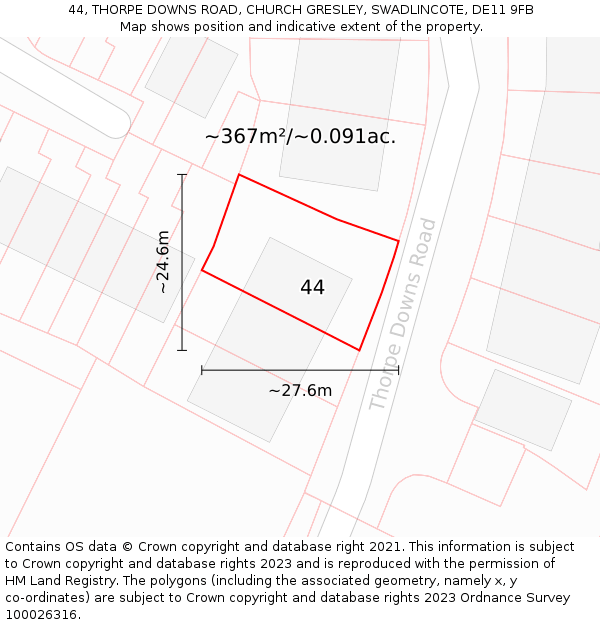 44, THORPE DOWNS ROAD, CHURCH GRESLEY, SWADLINCOTE, DE11 9FB: Plot and title map