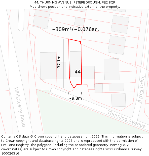 44, THURNING AVENUE, PETERBOROUGH, PE2 8QP: Plot and title map