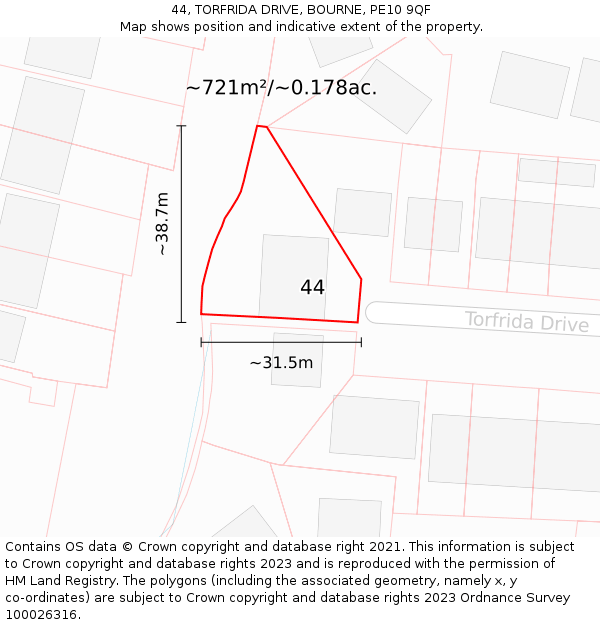 44, TORFRIDA DRIVE, BOURNE, PE10 9QF: Plot and title map