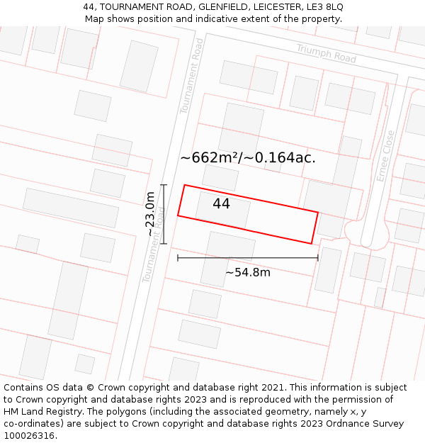 44, TOURNAMENT ROAD, GLENFIELD, LEICESTER, LE3 8LQ: Plot and title map