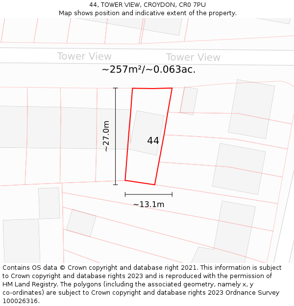44, TOWER VIEW, CROYDON, CR0 7PU: Plot and title map