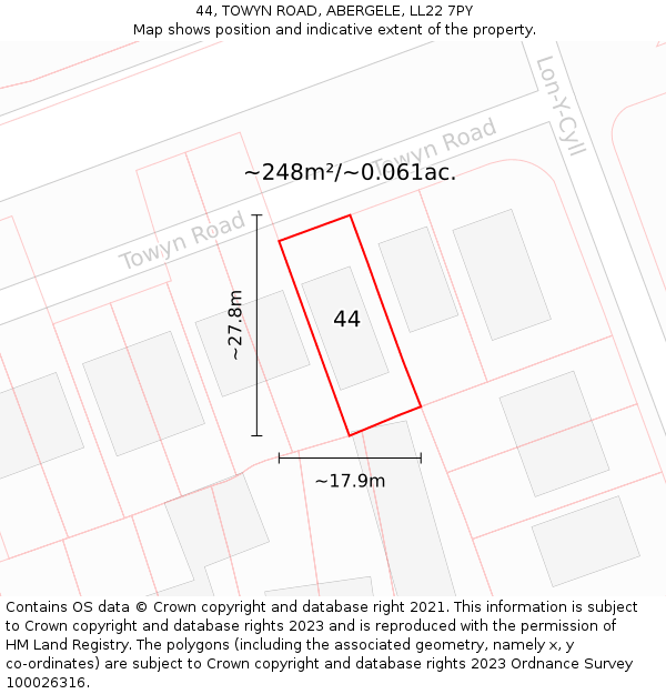 44, TOWYN ROAD, ABERGELE, LL22 7PY: Plot and title map