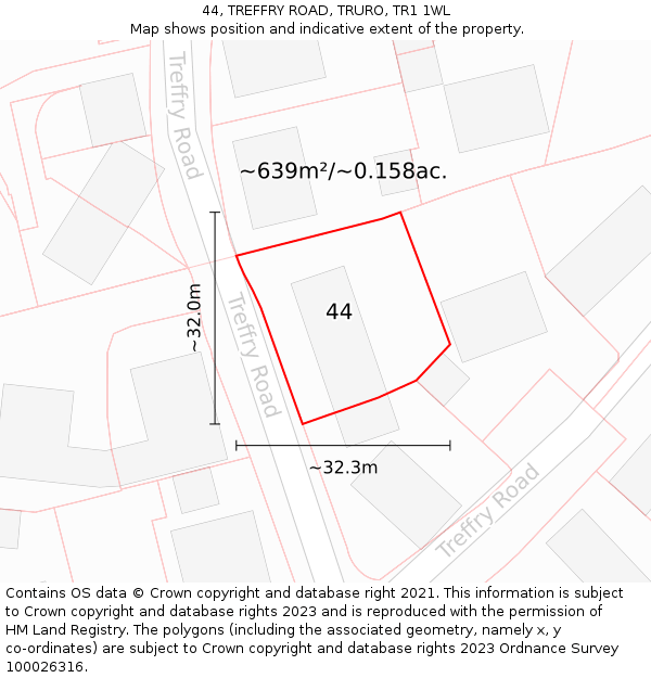 44, TREFFRY ROAD, TRURO, TR1 1WL: Plot and title map