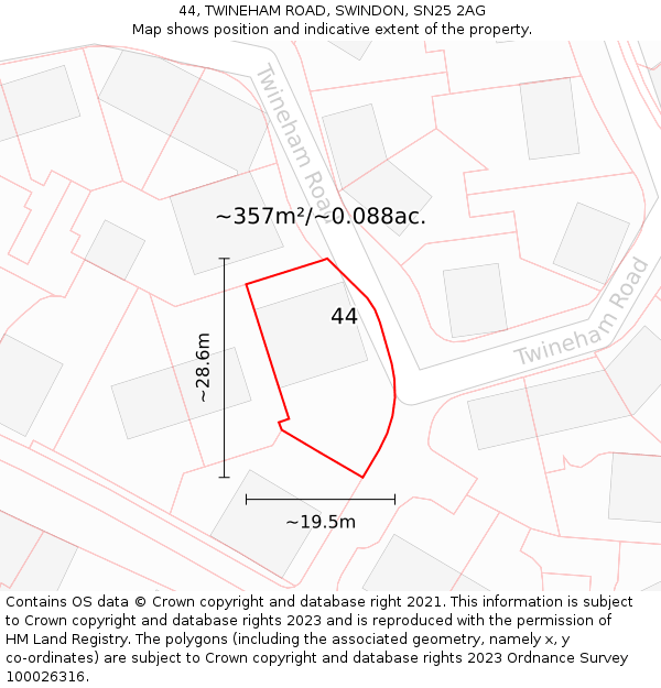 44, TWINEHAM ROAD, SWINDON, SN25 2AG: Plot and title map